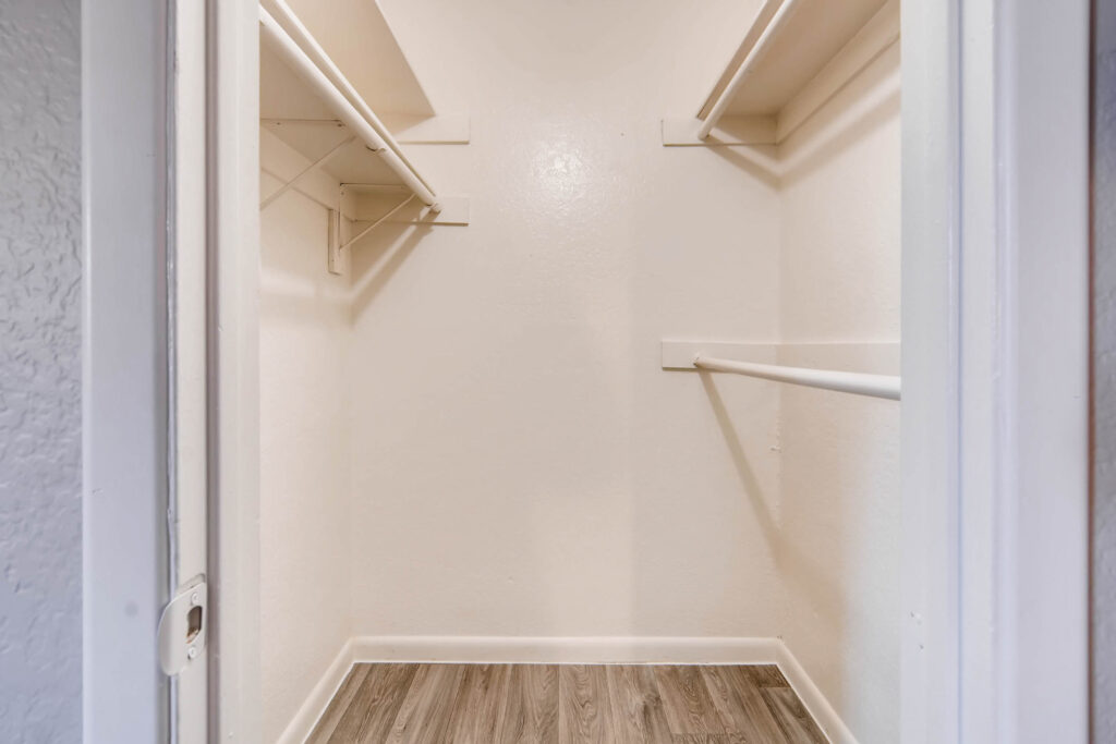 Apartment walk-in closet with shelving