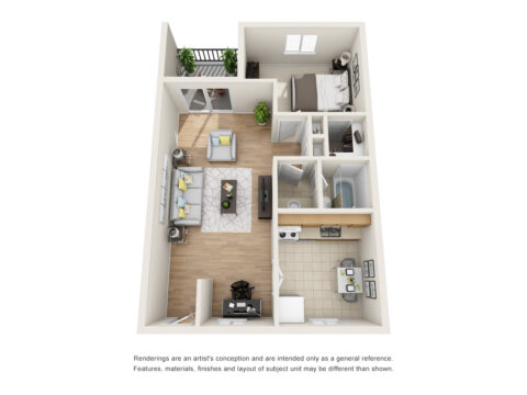 Unit A1 1-bedroom, 1-bathroom floor plan with balcony, living space, walk-in closet, and kitchen