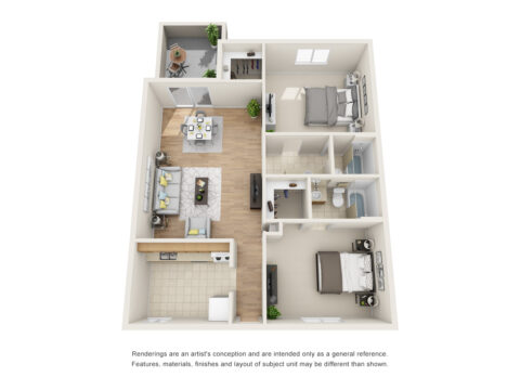 Unit B1 2-bedroom, 2-bathroom floor plan with balcony, living space, walk-in closets, and kitchen
