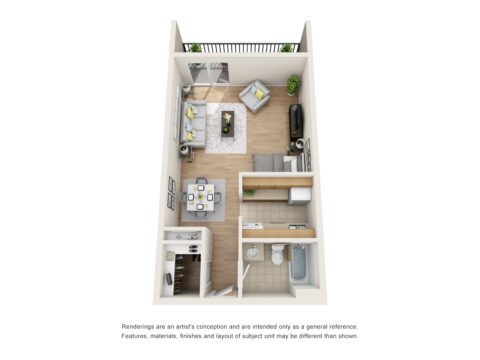 Unit E1 studio floor plan with balcony, living space, walk-in closet, kitchen, and bathroom