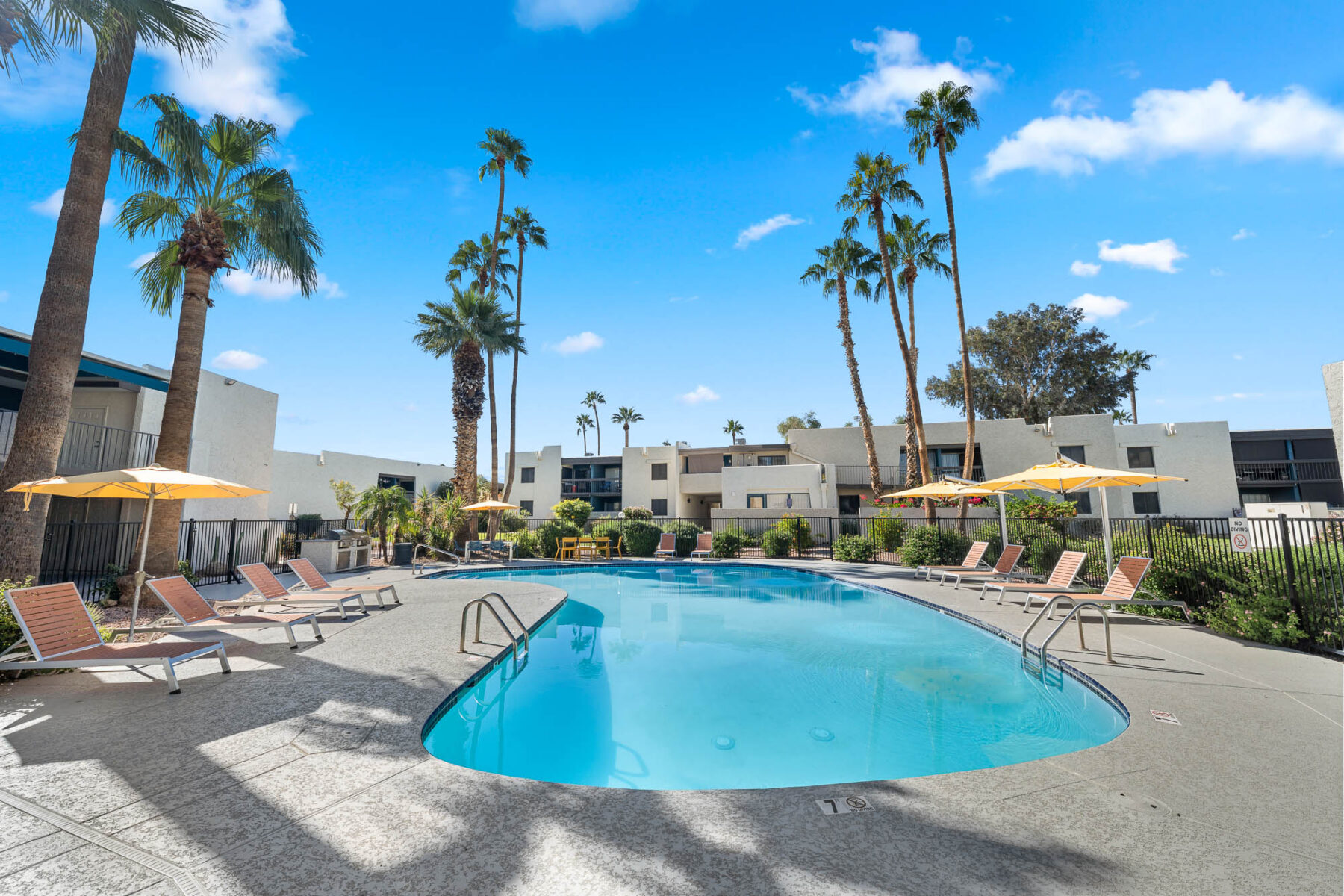 Outdoor swimming pool surrounded by lounge chairs and yellow umbrellas, with tall palm trees and modern white Scottsdale AZ Apartments in the background under a bright blue sky with scattered clouds.